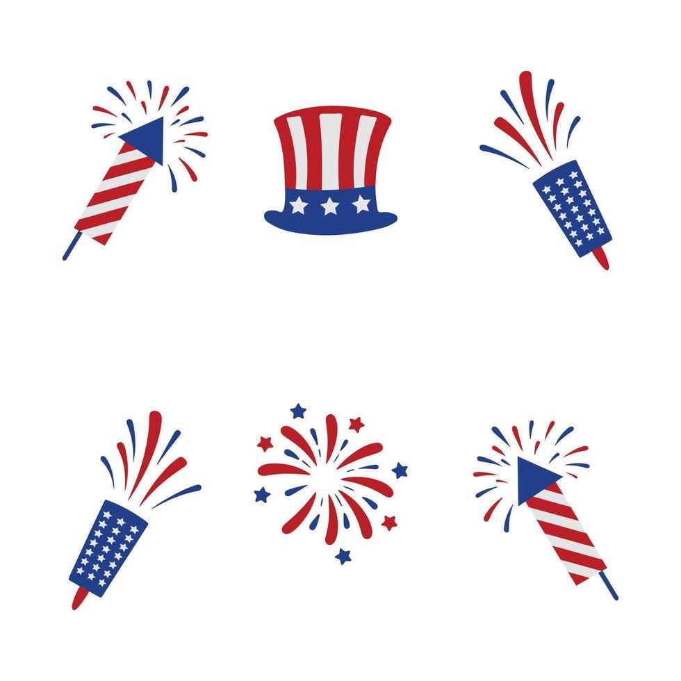 Patriotic fireworks, hat, fireworks burst, Popper, 4th of July USA American Independence Day Party Elements Icon Set vector