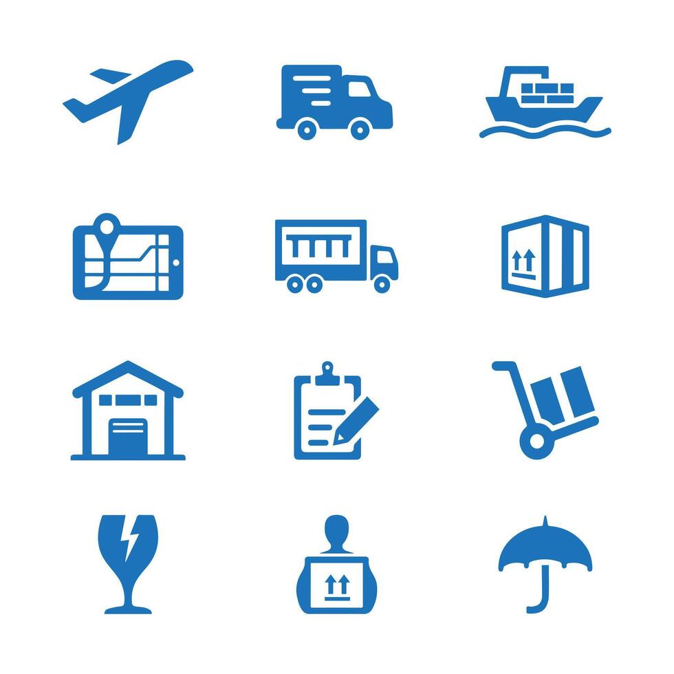 Logistics Shipping Service Icons Set, Collection of supply chain, warehouse, truck, van, airplane, ship, container, package, parcel Delivery Icons. vector