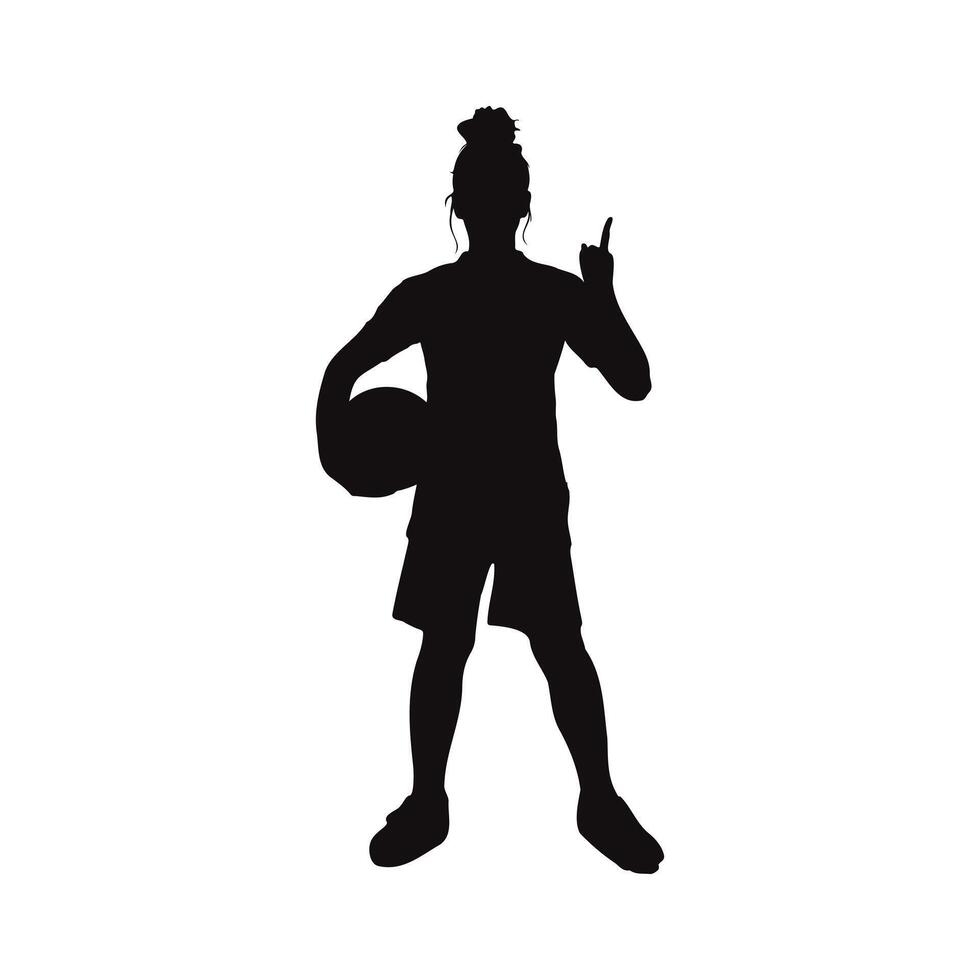 Silhouette of a girl holding a basketball and pointing upward, a full-body shot against a white background, conveying a concept of achievement and success in vector