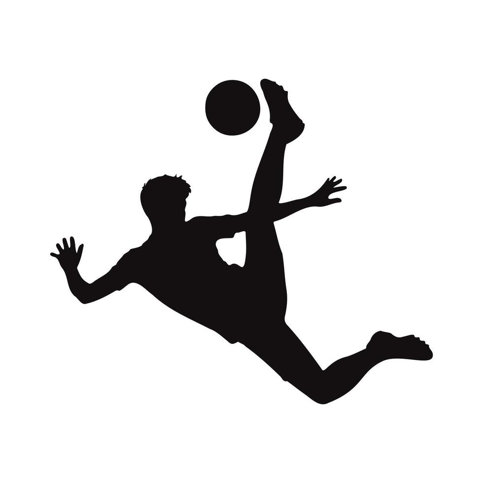 Silhouette of a soccer player performing a bicycle kick, dynamic action shot against a white background, showcasing athleticism and skill in a powerful pose. vector