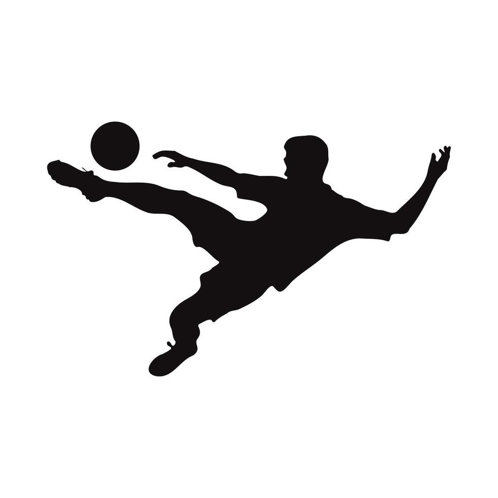 Dynamic silhouette of a soccer player executing a powerful bicycle kick, showcasing athleticism and skill against a white background. vector