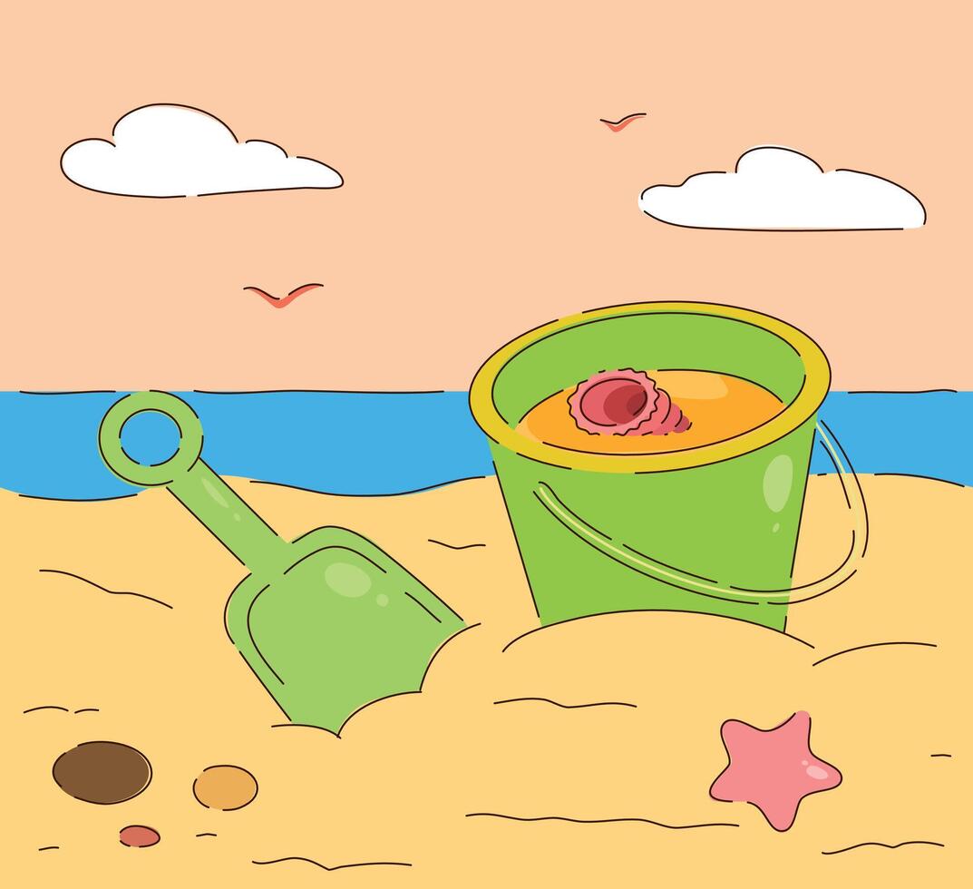 A Colorful Beach Bucket and Shovel in Soft Sand Under a Bright Sky, Great for Summer Fun vector