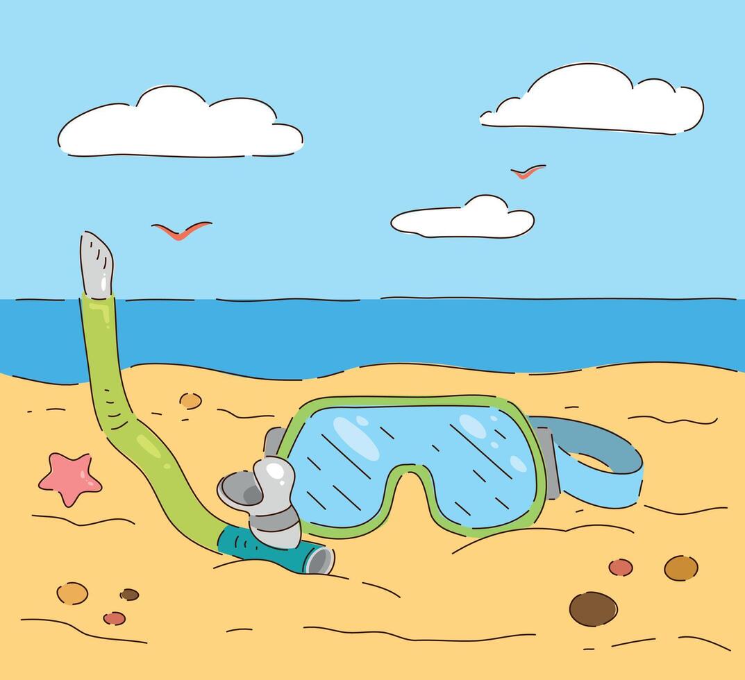 Bright and Colorful Snorkeling Gear Gracefully Spread Out on the Soft, Sandy Beach vector