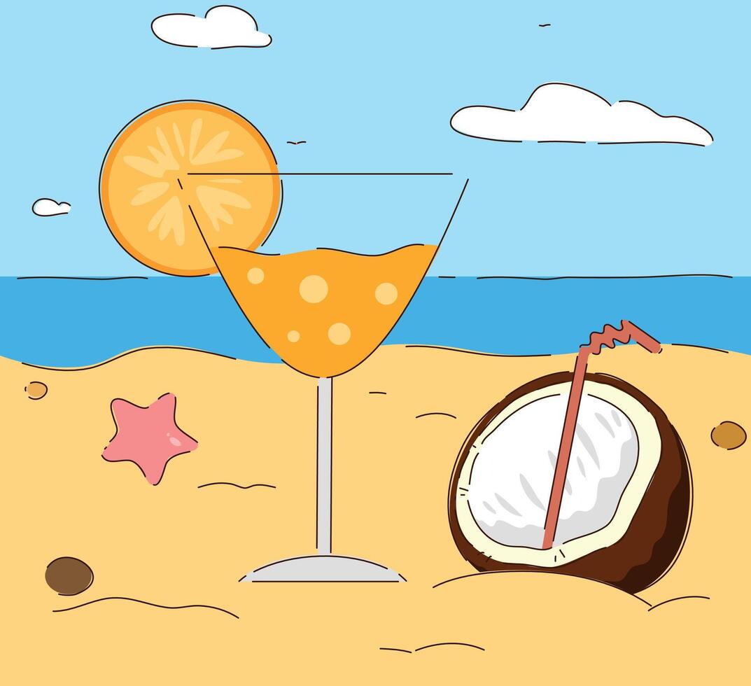 A beautiful tropical beach scene featuring a refreshing cocktail and a coconut drink vector