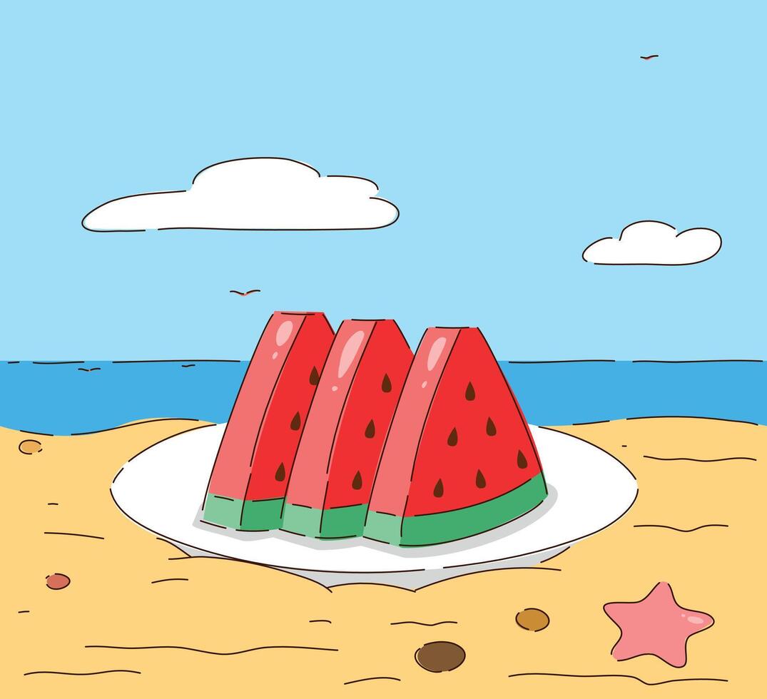 Refreshing and Juicy Watermelon Slices Perfectly Enjoyed on a Beautiful Beach Day vector