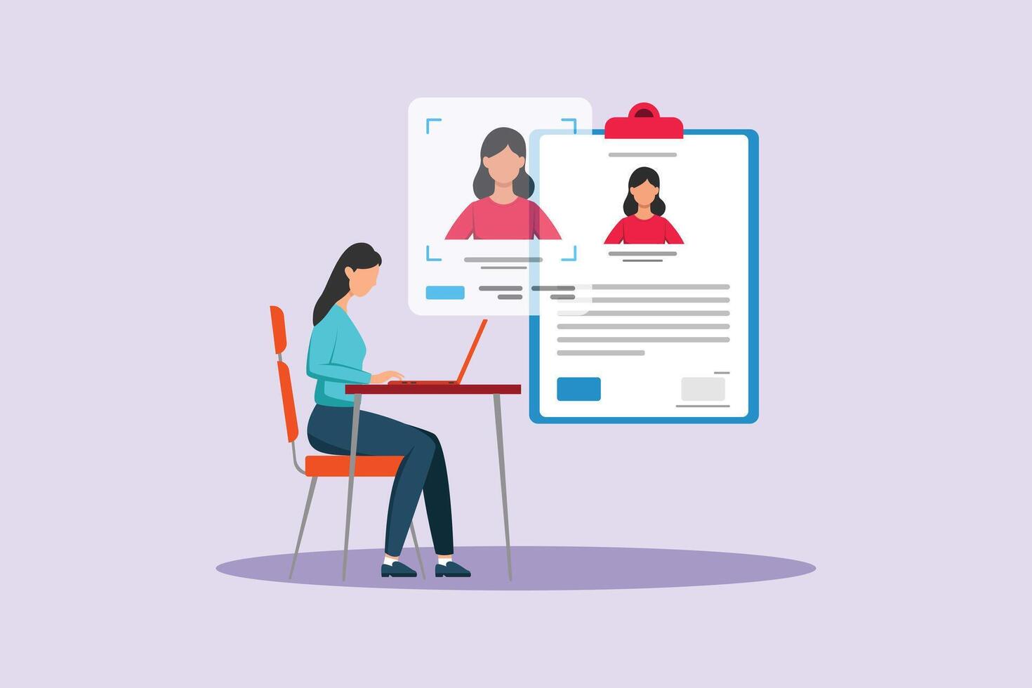 Woman working on laptop with profiles vector