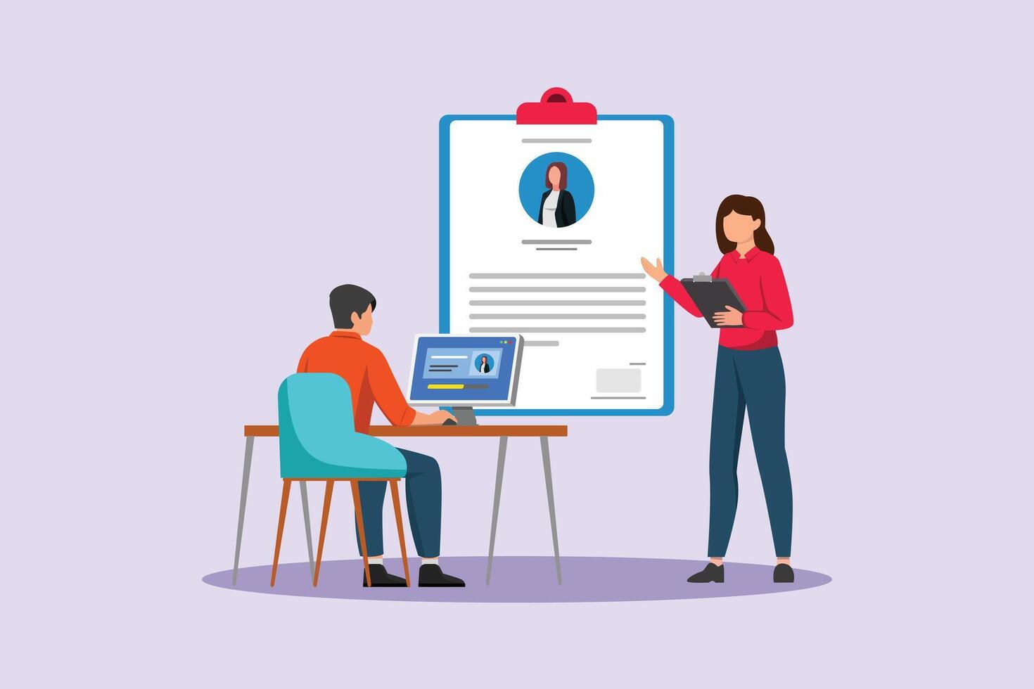 Job interview illustration with candidates and resumes vector