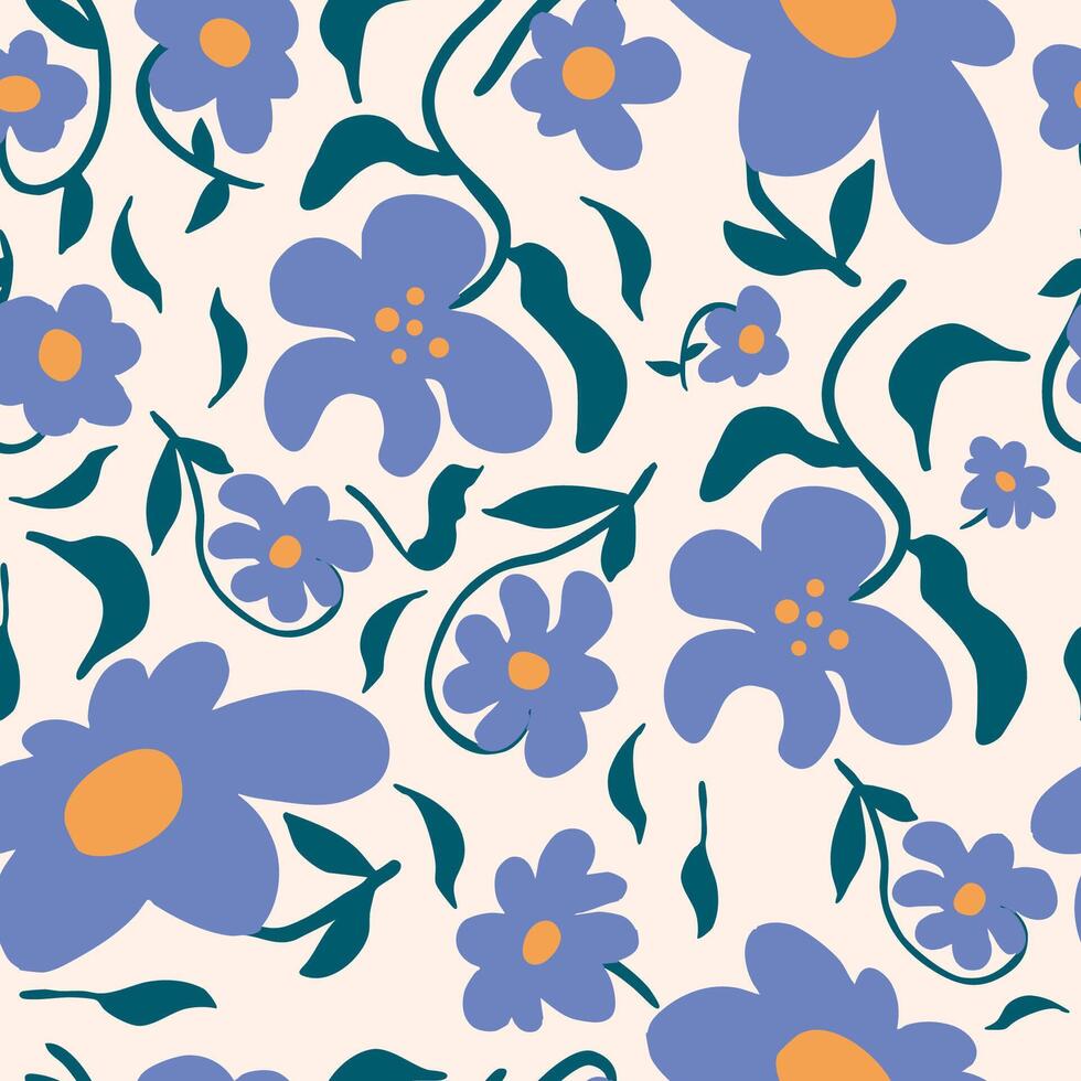 blue wavy groovy flower seamless pattern in naive style vector
