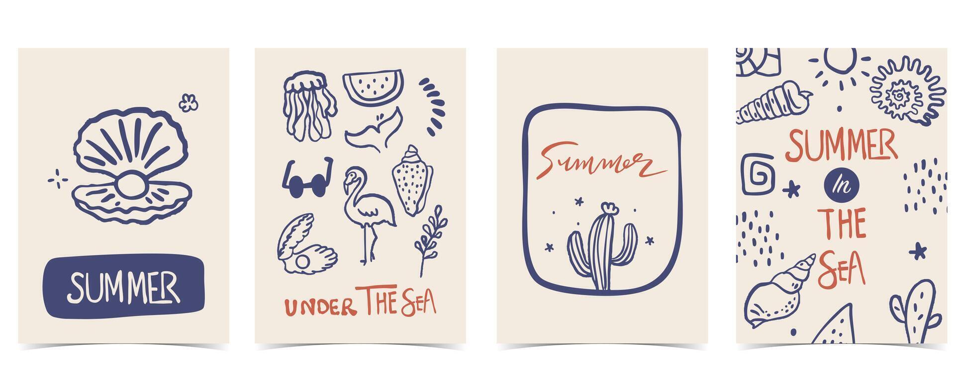 cute doodle blue summer background with shell,coral,tree for vertical A4 design vector