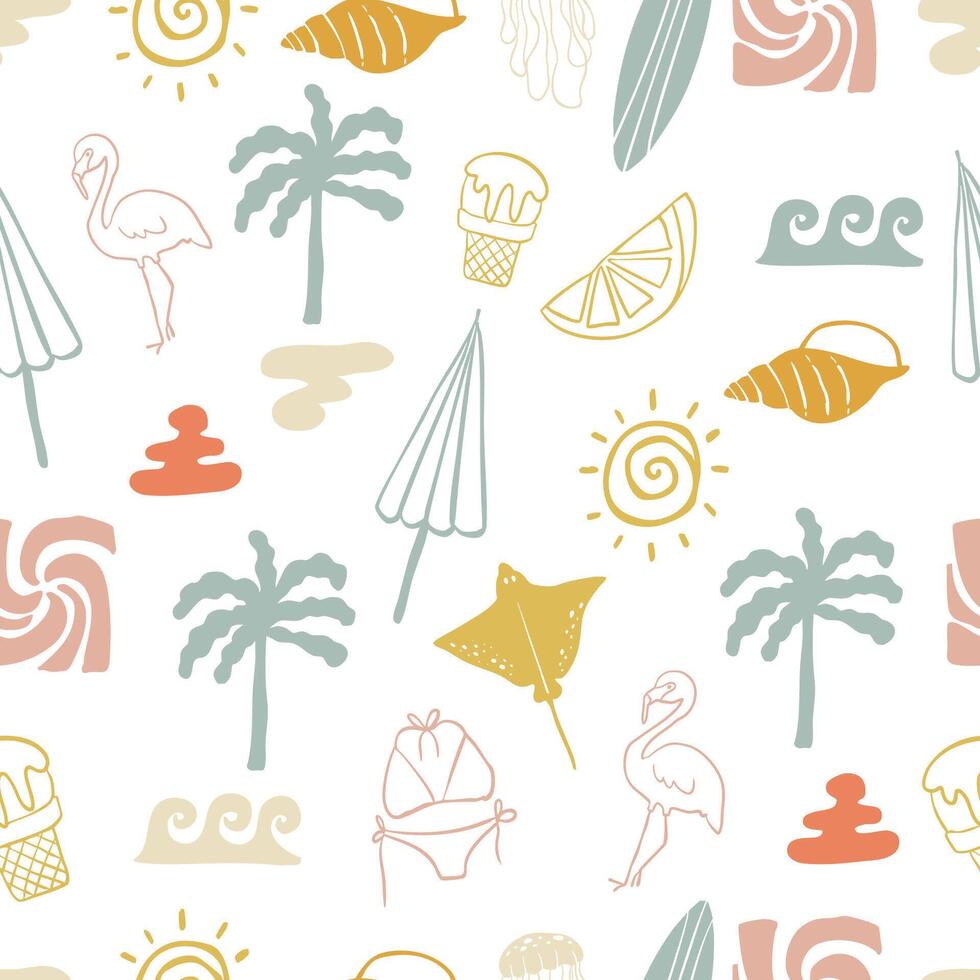 summer seamless pattern with stingray,shell,sun,coconut tree vector