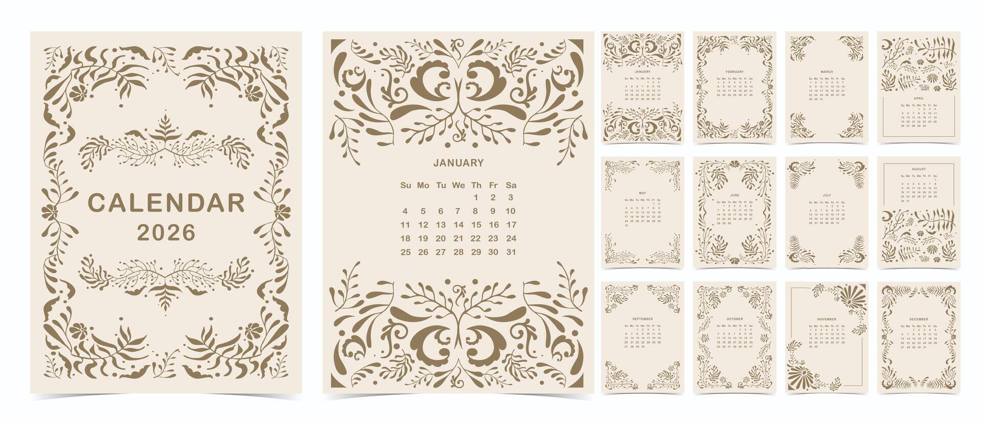 2026 table monthly calendar week start on Sunday with art deco flower vector
