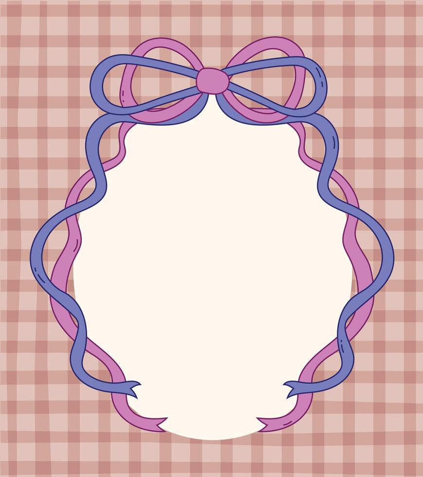 Adorable hand drawn bow ribbon frame in vintage retro style with a cute checkered tartan background, perfect for labels, cards, scrapbooks, and decoration. vector