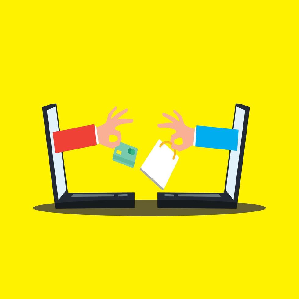 Two hands are holding a credit card and a shopping bag vector