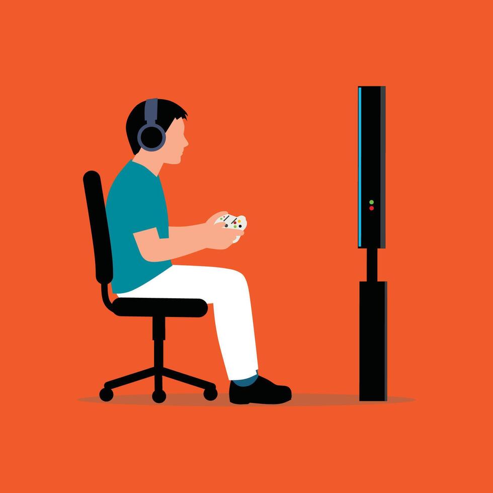 A man is sitting in a chair with a controller in his hand vector