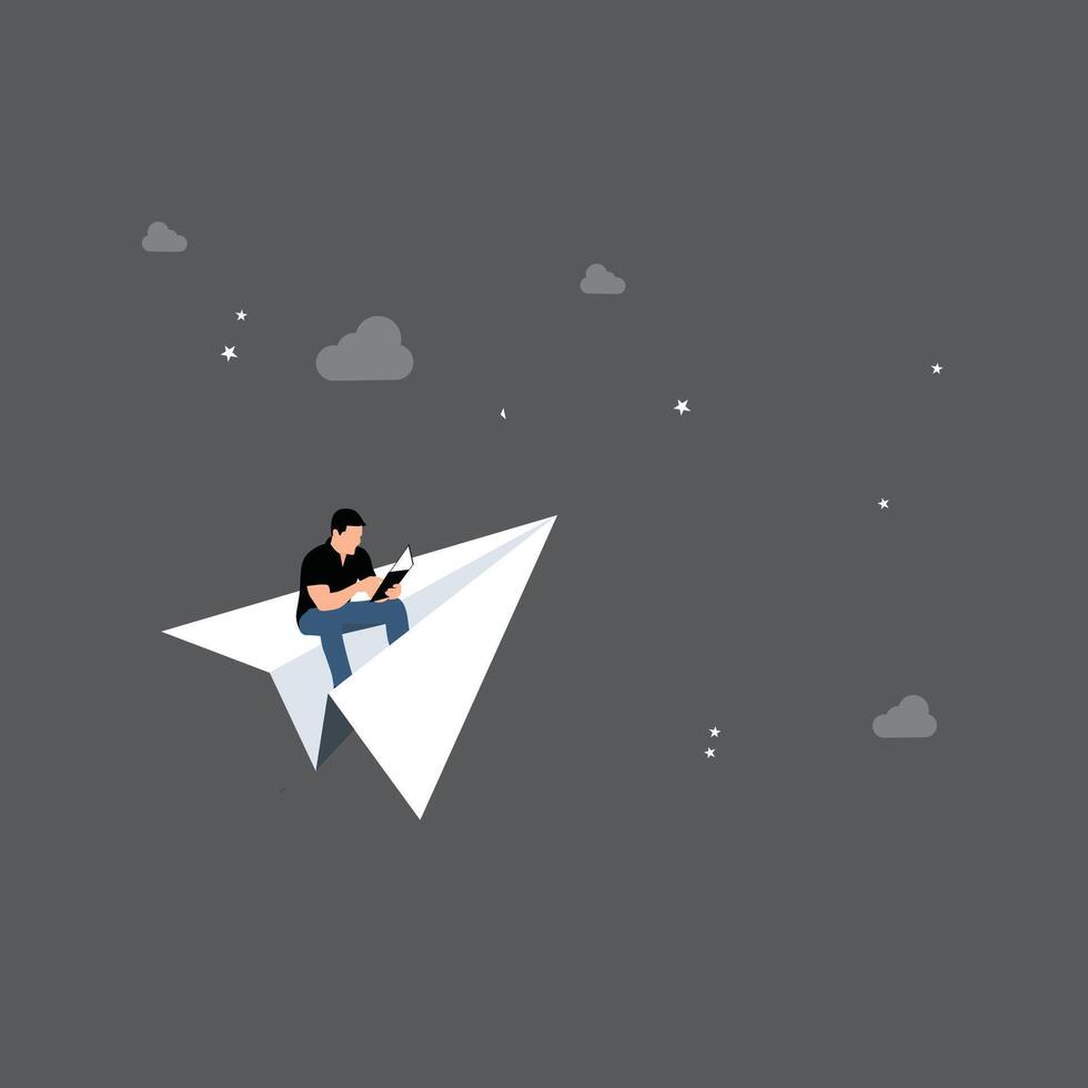 Man sitting on a paper airplane with a laptop vector