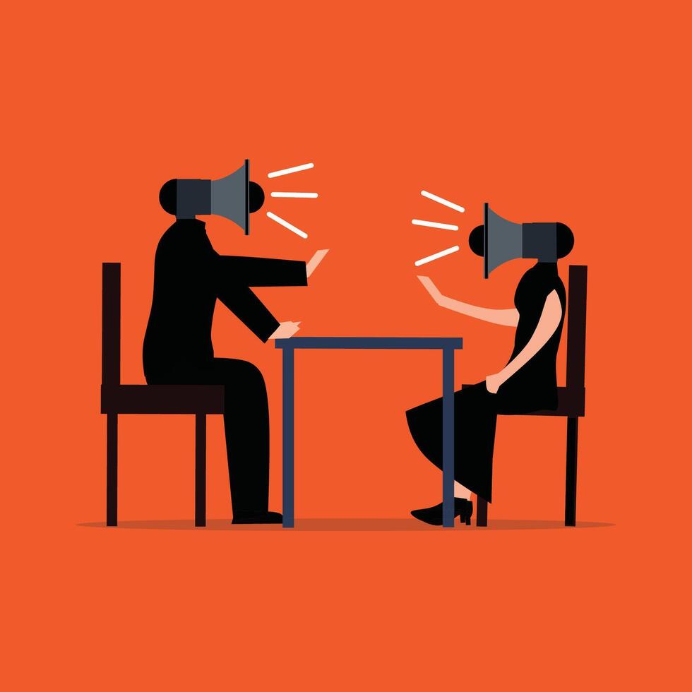 Two people sitting at a table with their heads covered in headphones vector