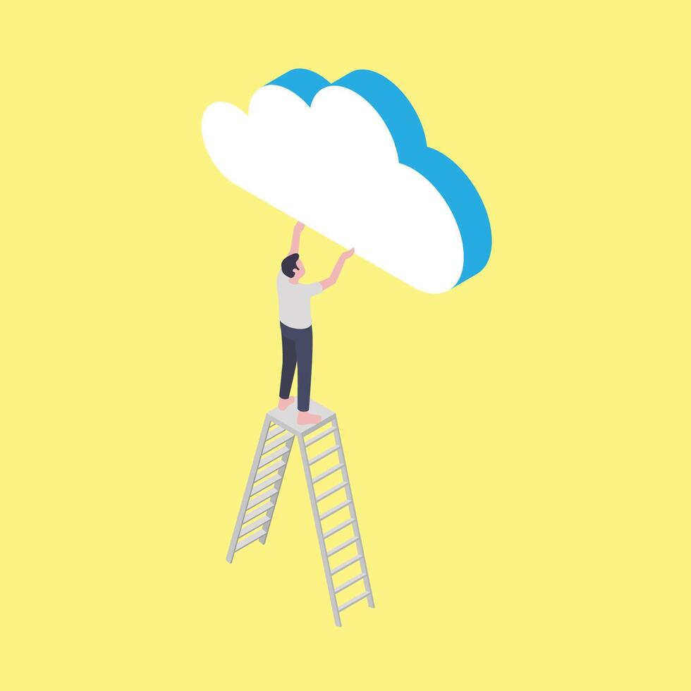 A man is standing on a ladder and holding a cloud vector