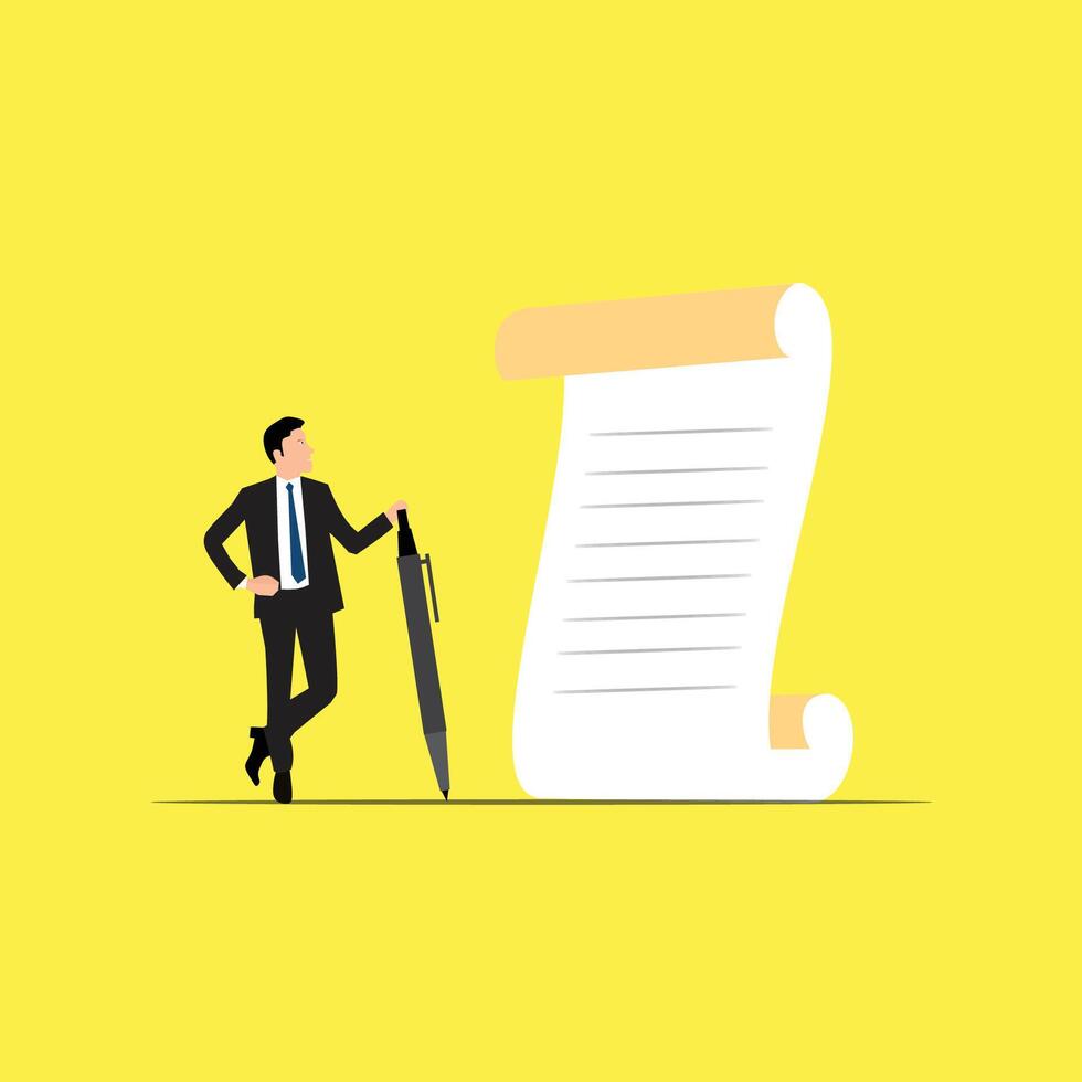 Businessman with pen and paper, standing next to a large scroll vector