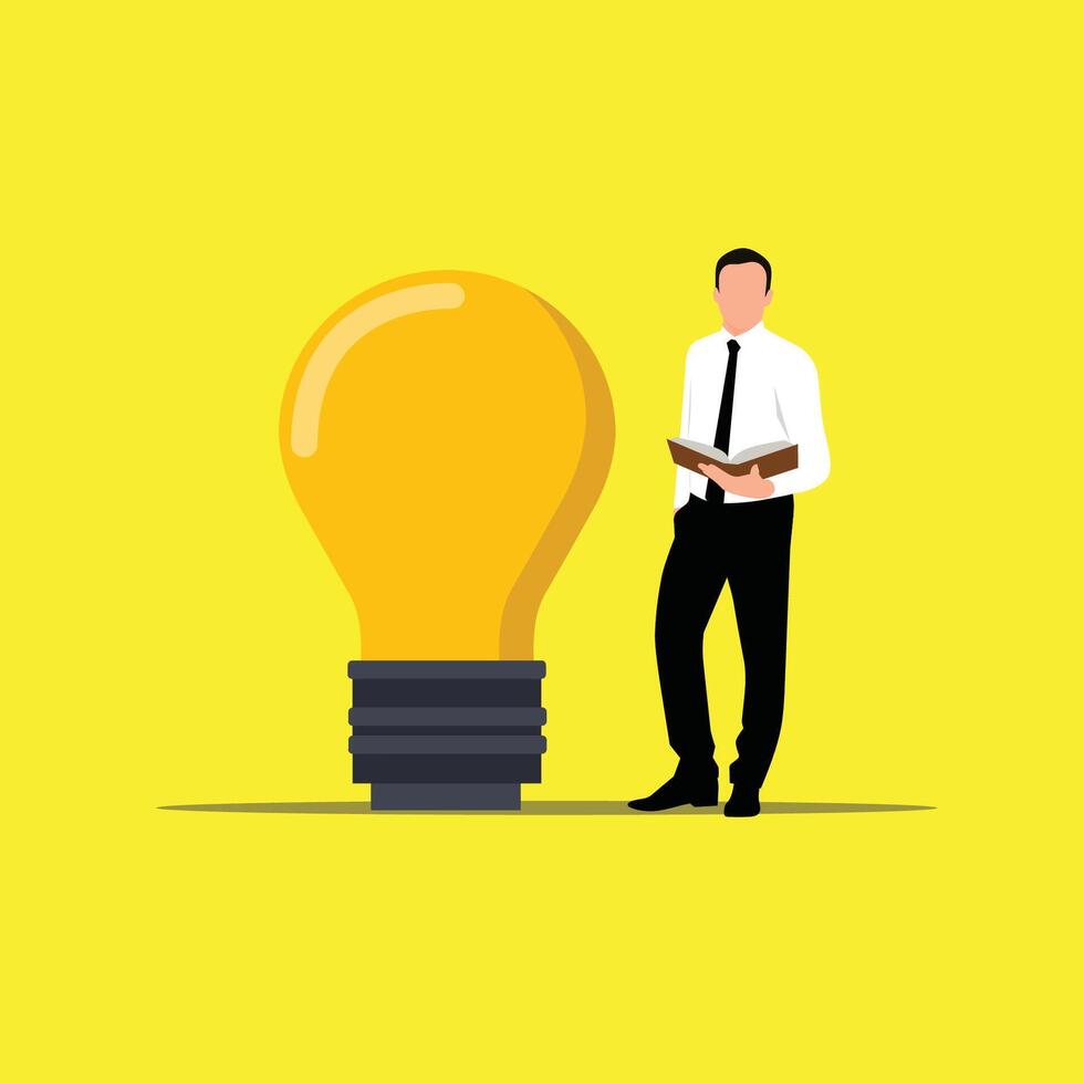Businessman standing next to a light bulb vector