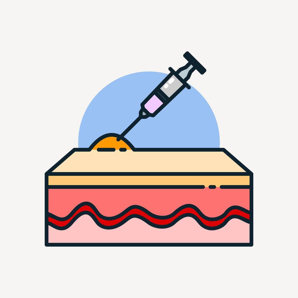 Medical injection icon showing a syringe injecting into the skin, illustrating treatment, vaccination, or dermatological procedures. vector