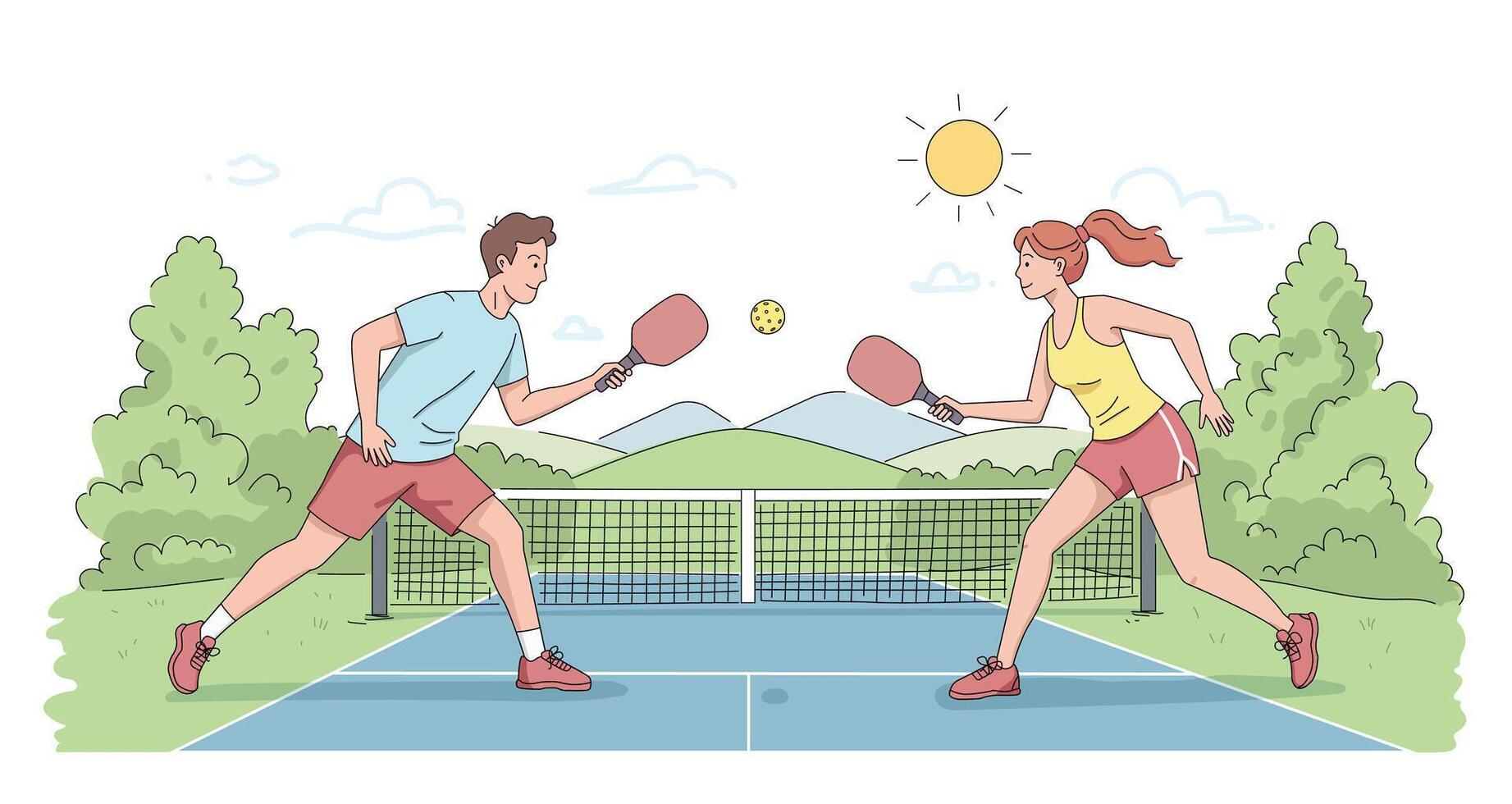 Vibrant cartoon of a pickleball game with two players in motion on a court, sunny sky, trees, and hills. Perfect for sport, fitness, or outdoor recreation design themes vector