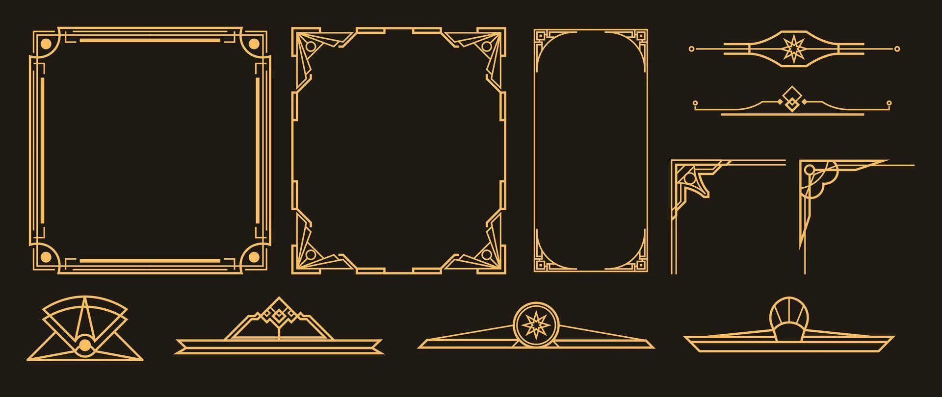 Luxury golden decorative elements with lines, frames, headers, dividers and borders. Set of elegant design suitable for card, invitation, poster. vector