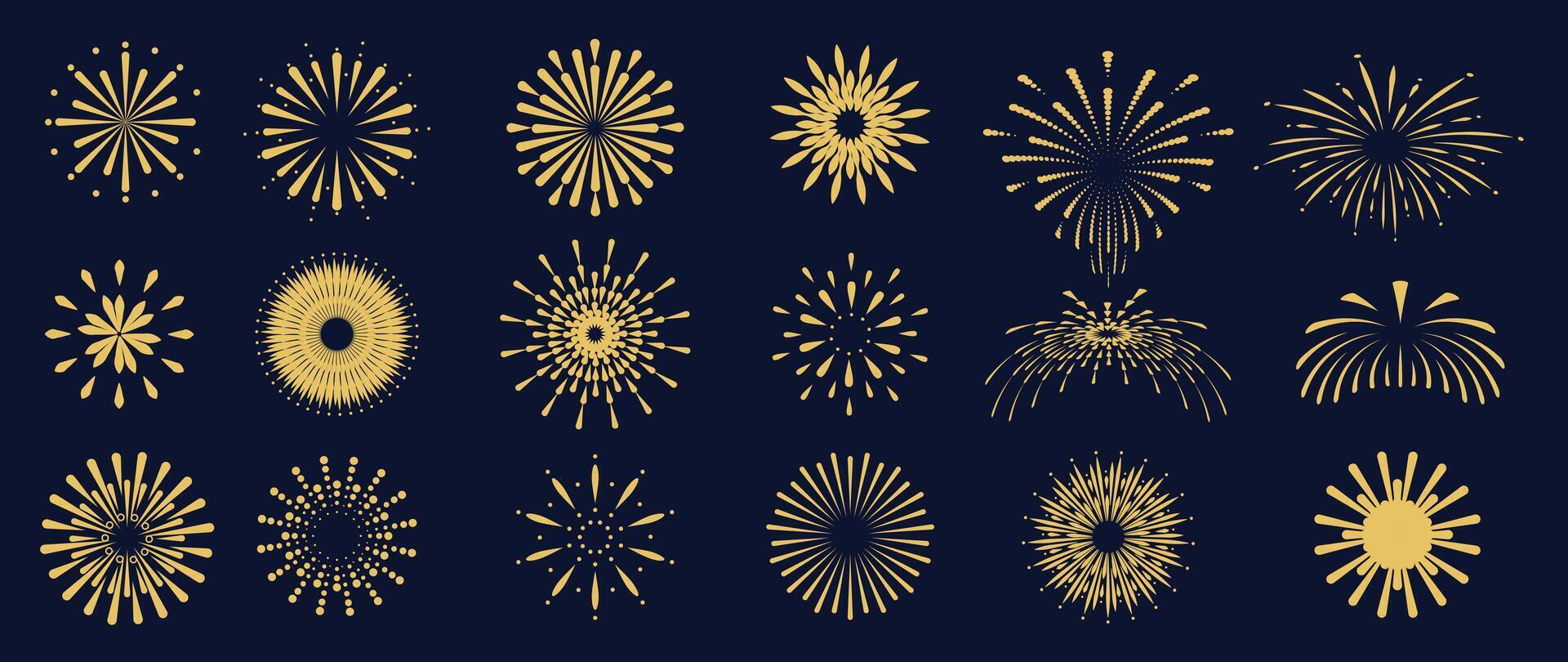 Set of new year firework illustration. Collection of glow gold fireworks on dark background. Art design suitable for decoration, print, poster, banner, wallpaper, card, cover. vector