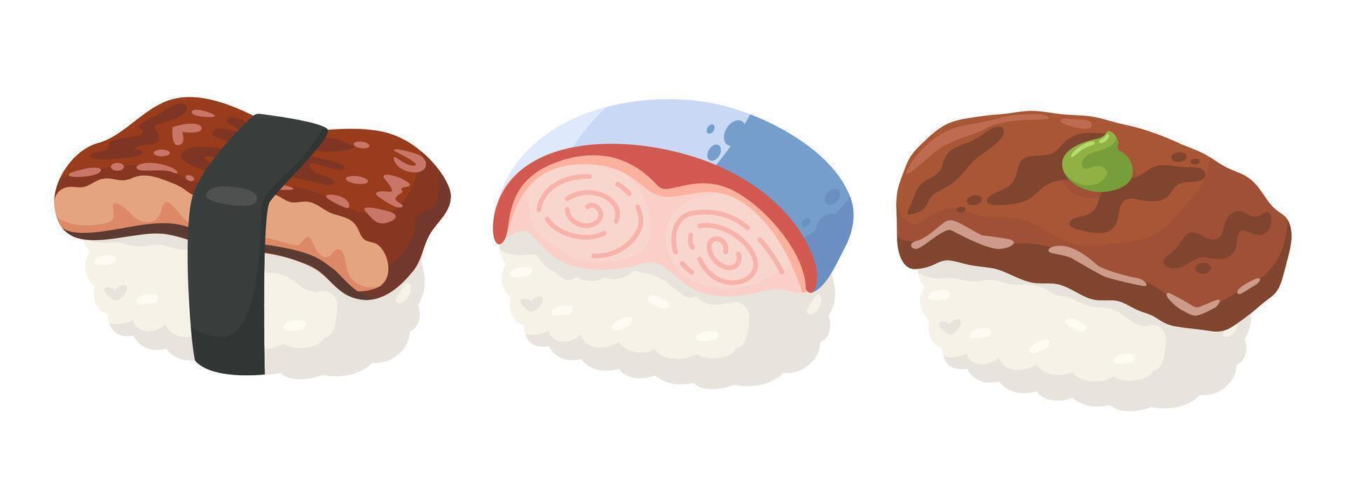 illustration of three sushi nigiri pieces with different toppings, perfect for culinary and food-related designs. vector