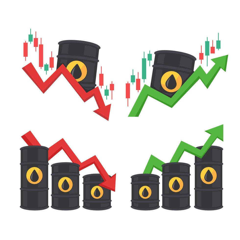 Illustration of oil barrels with rising and falling graphs, symbolizing market trends and economic fluctuations in the oil industry. vector