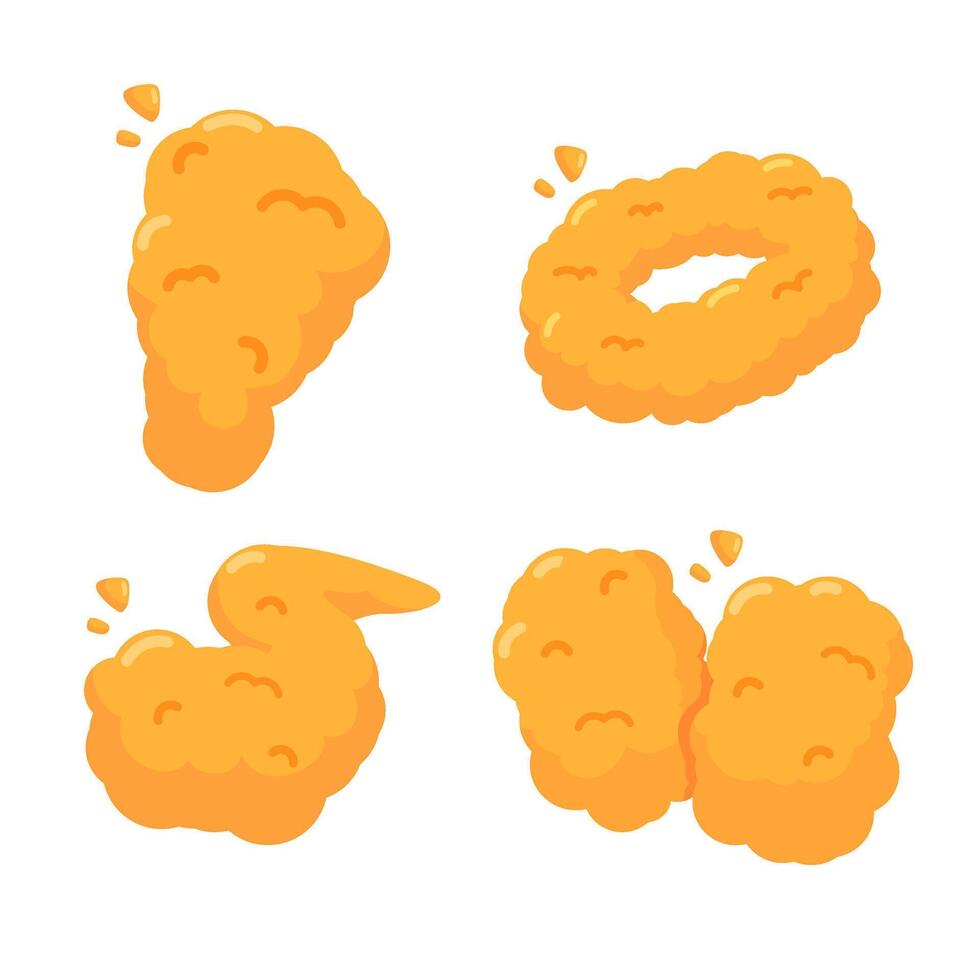 Cartoon-style chicken nuggets and onion rings in vibrant colors, perfect for fast food and snack-themed designs. vector