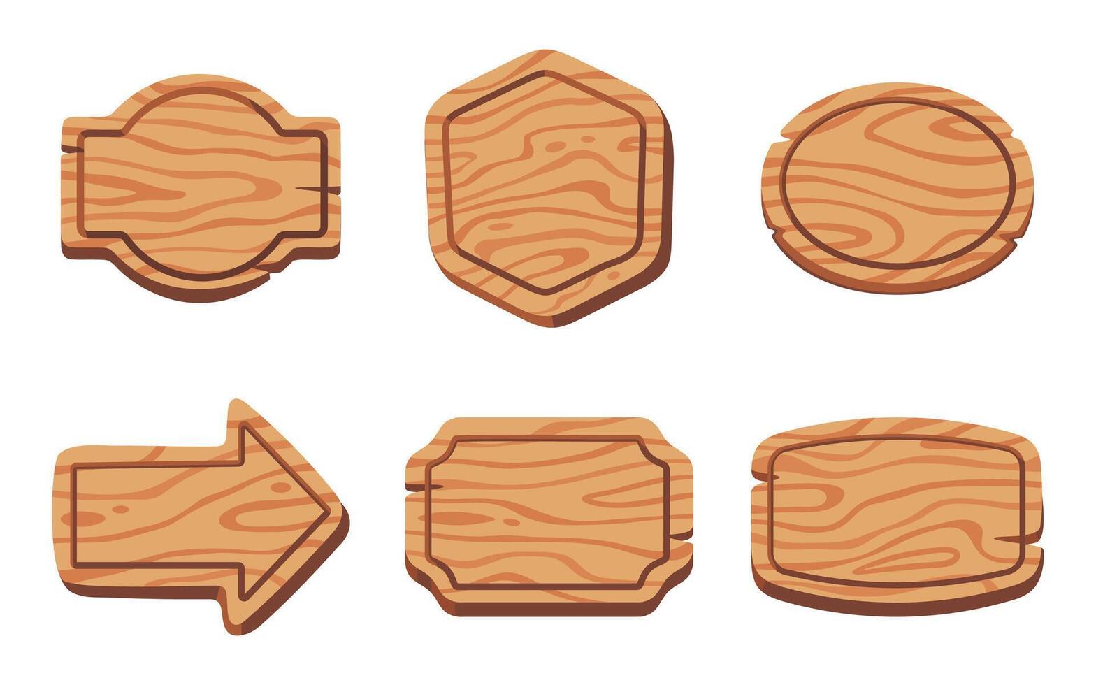 Collection of six wooden signboards in different shapes, perfect for rustic and vintage design themes. vector