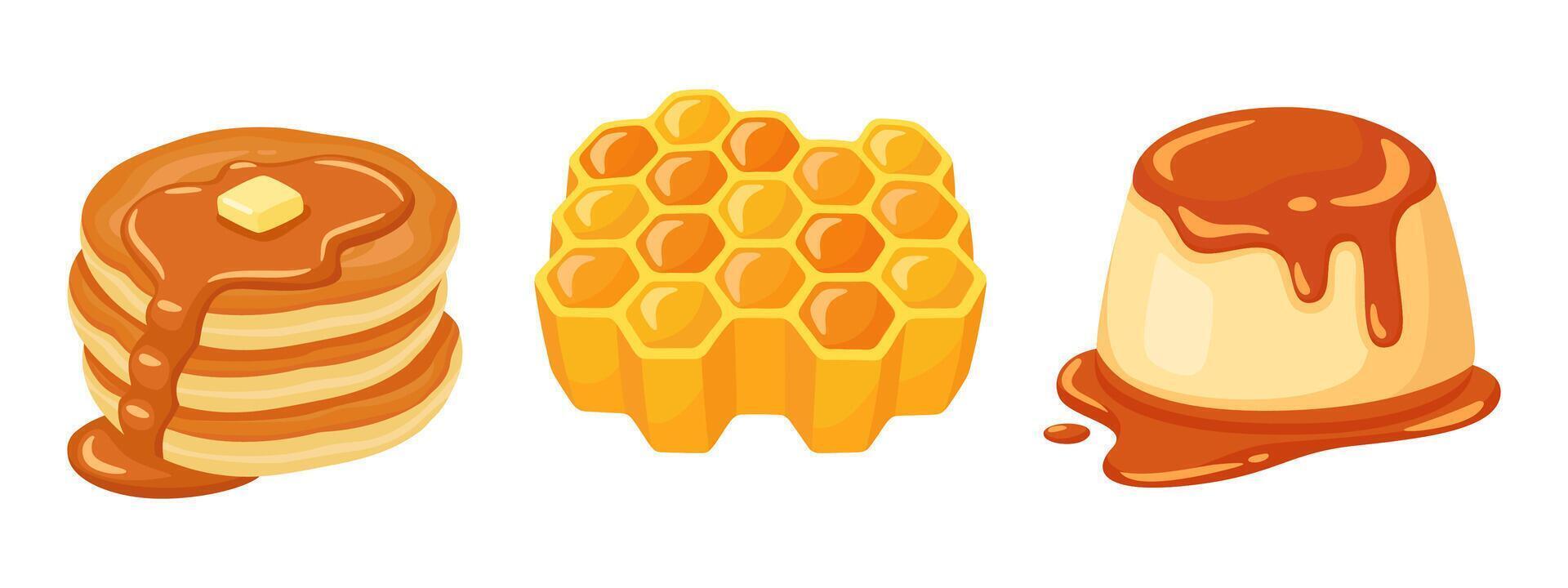 A delightful illustration of pancakes, honeycomb, and pudding, each topped with a rich caramel drizzle. vector