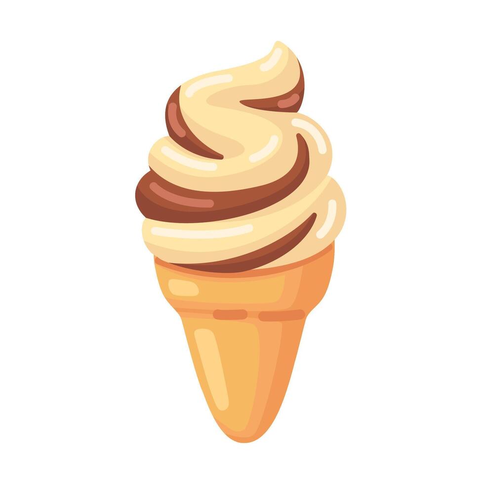 Tasty vanilla and chocolate soft serve ice cream cone with a smooth swirl, isolated on a white background vector