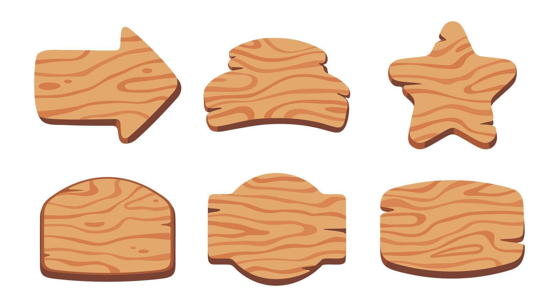 Collection of six wooden signs with unique shapes and textures, perfect for design projects and decorative purposes. vector