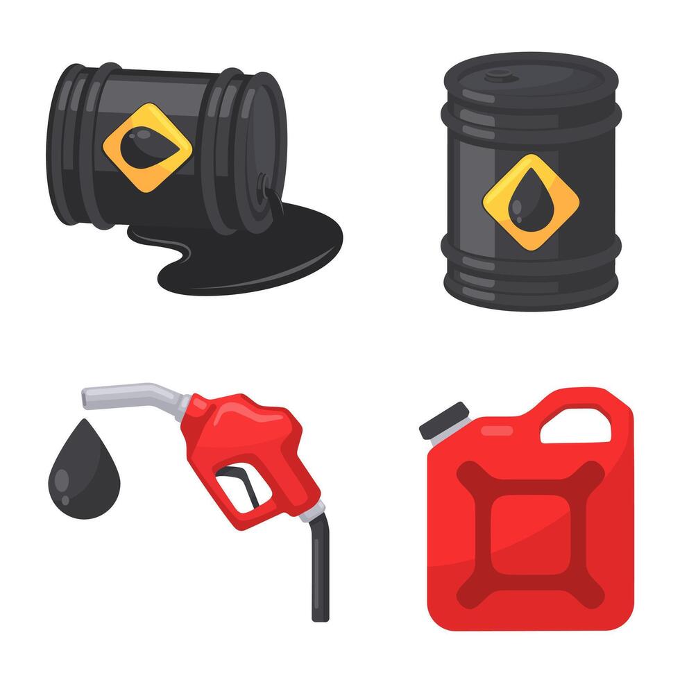 set featuring oil barrels, fuel containers, and a gasoline pump nozzle, ideal for energy and industry themes. vector