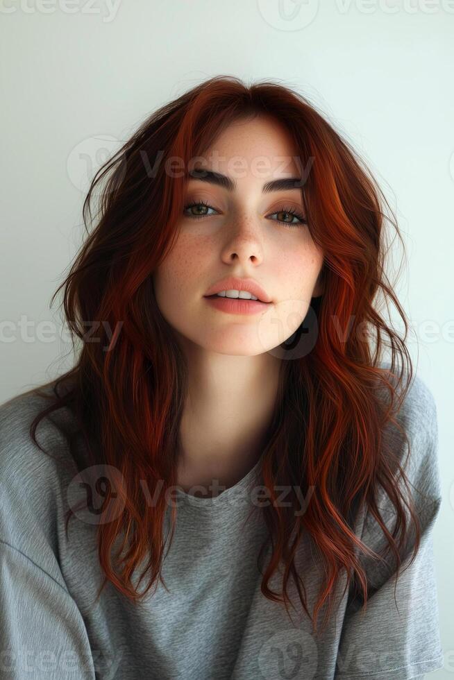Red haired woman with soft waves, natural look, neutral background. photo