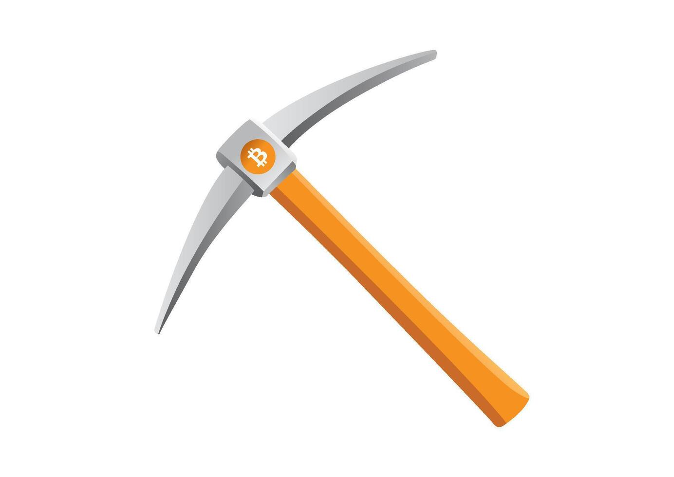 Mining pickaxe with Bitcoin logo on handle against a clean white background illustrating cryptocurrency mining concept. vector