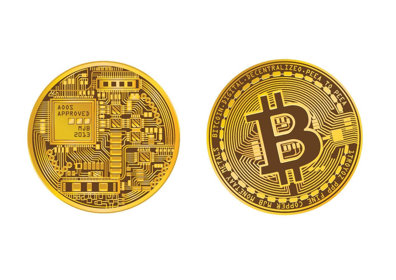 Detailed Bitcoin cryptocurrency coin featuring circuit designs and approval markings, symbolizing digital finance innovation. vector