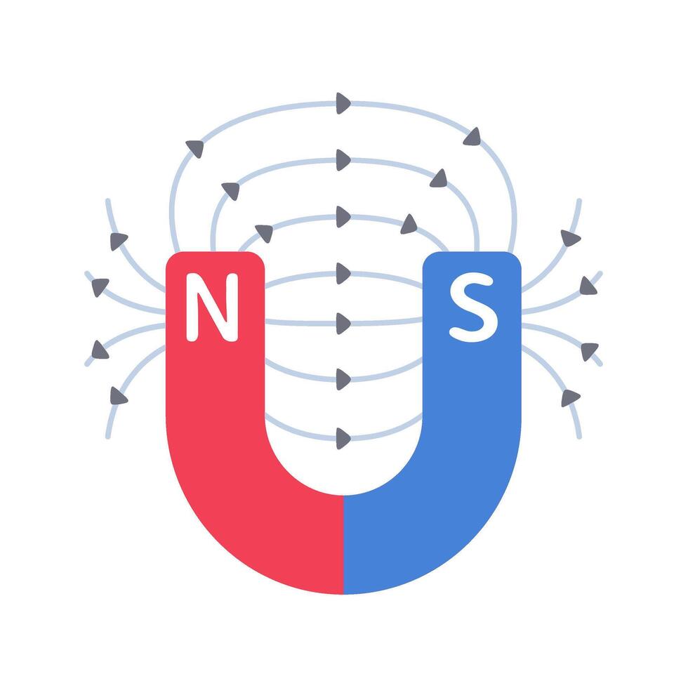 Vibrant illustration of a horseshoe magnet showing magnetic field lines and labeled poles. vector