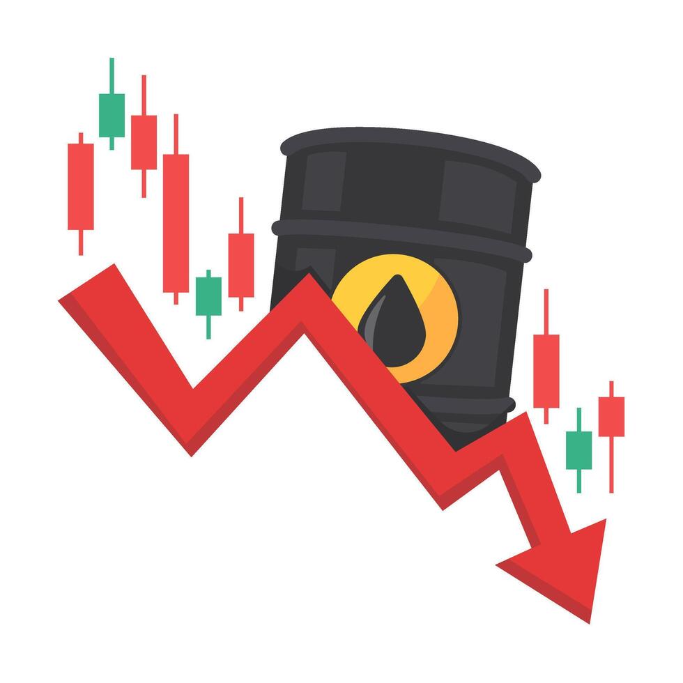 Oil Barrel with Downward Trend Arrow and Stock Market Candlestick Chart Illustrating Economic Decline vector