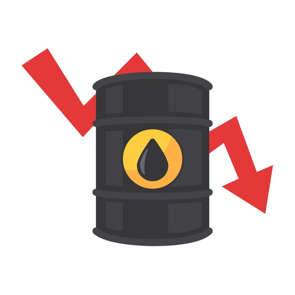 Oil Barrel with Downward Red Arrow Symbolizing Decrease in Oil Prices or Economic Decline on White Background vector