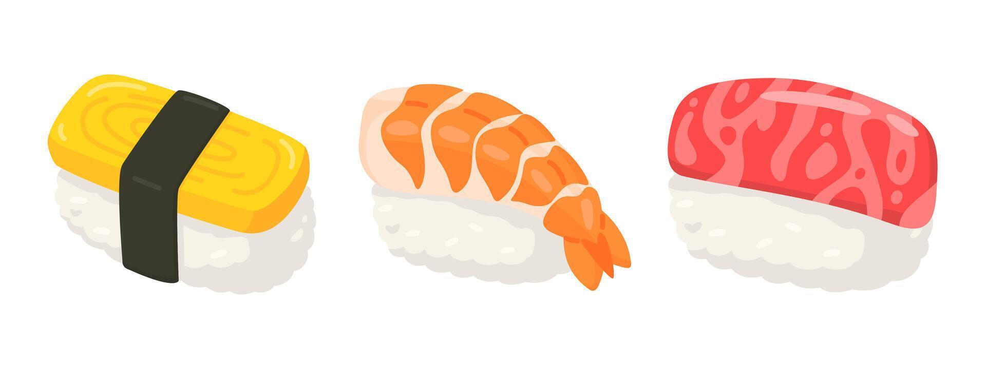 Sushi rolls including tamago and shrimp vector