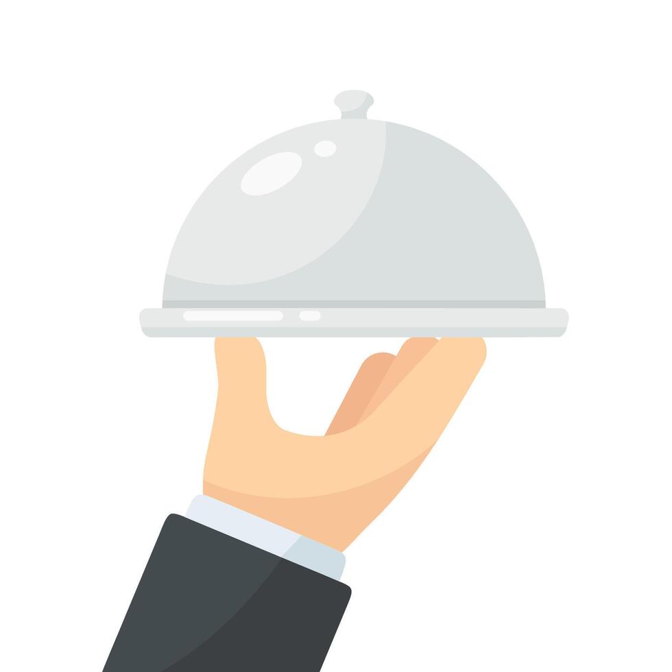 Illustration of a hand in a suit holding a silver cloche, ideal for hospitality, dining, and culinary concepts vector
