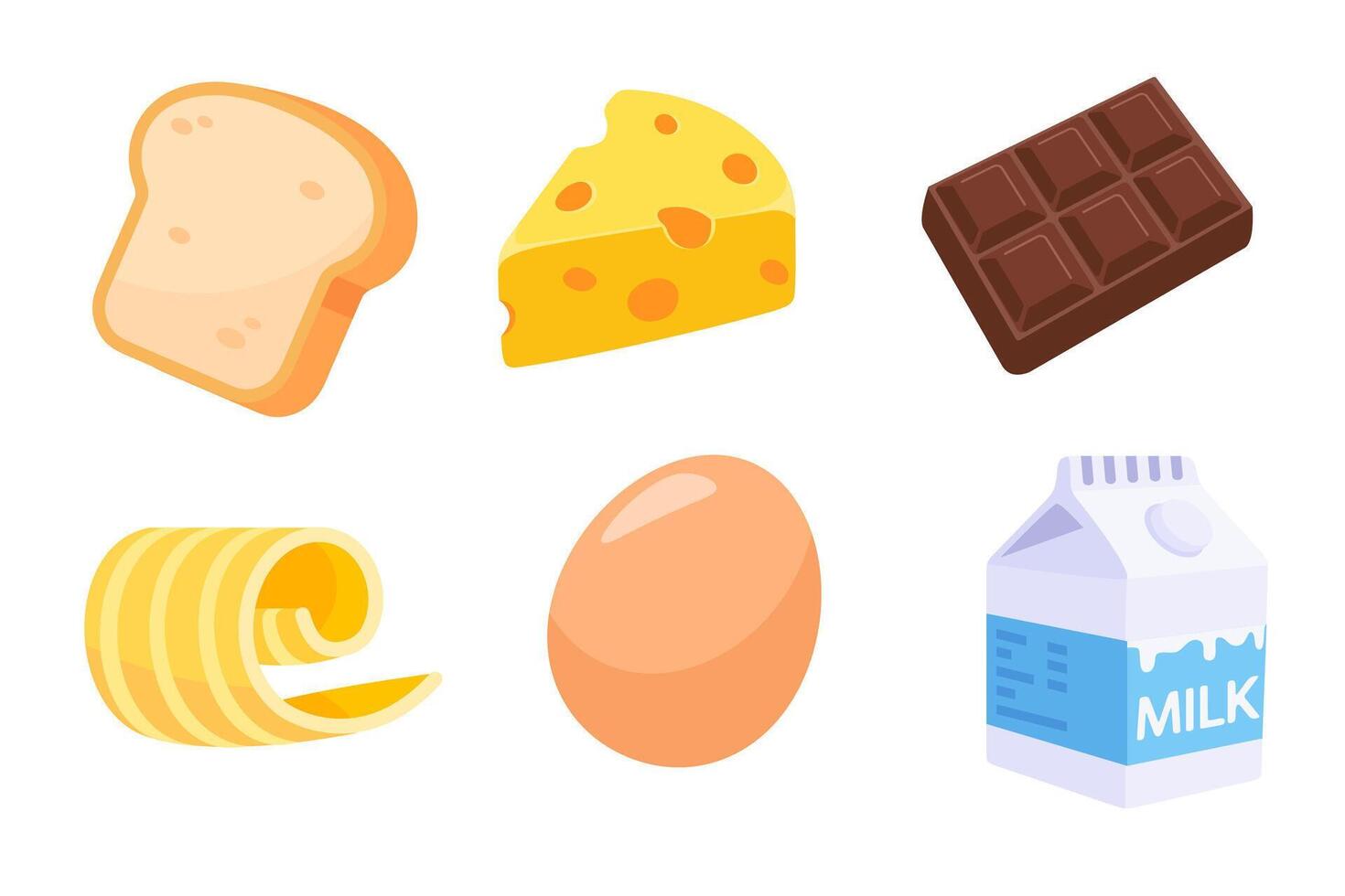 Cartoon food icons including bread, cheese, and milk vector