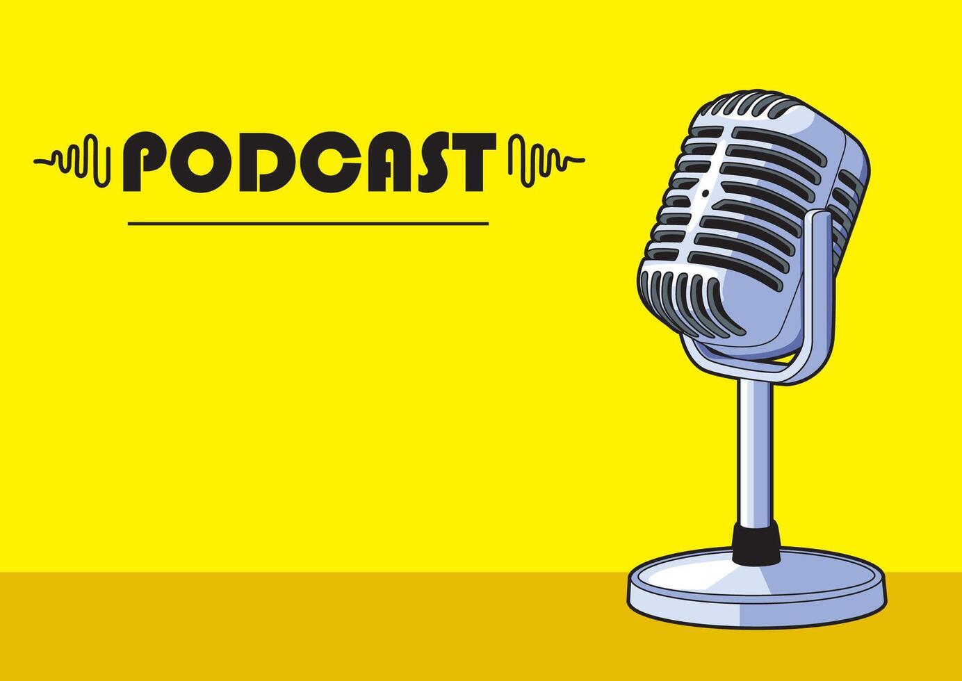 Vintage podcast microphone placed on yellow desk with bold background. Media concept vector