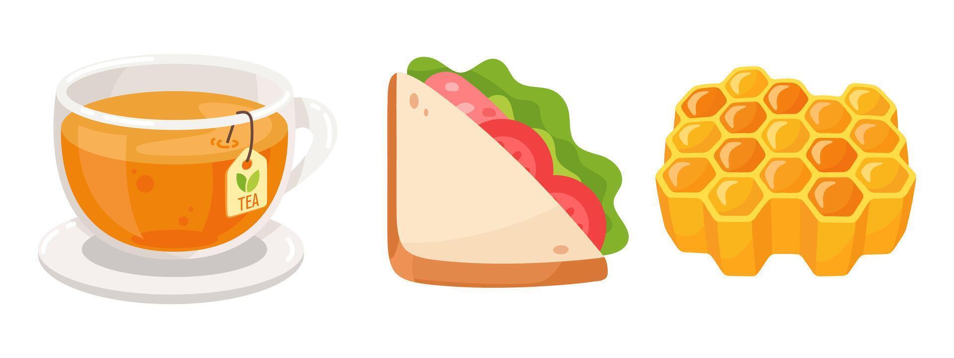 Tea cup, sandwich, and honeycomb vector