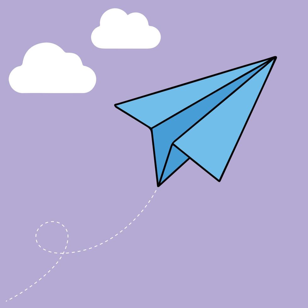 Blue Paper Plane Flying in the Sky ,Flat Cartoon Style vector