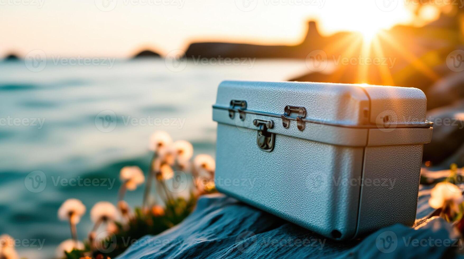 Metal Case Resting on Rocks by the Ocean With Sunset Illuminating the Background photo