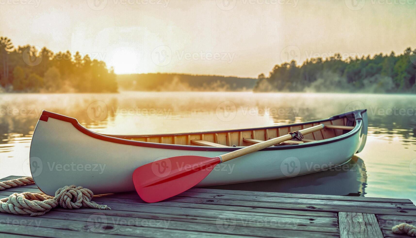 Calm Lake at Sunrise With a Canoe Resting on the Dock photo