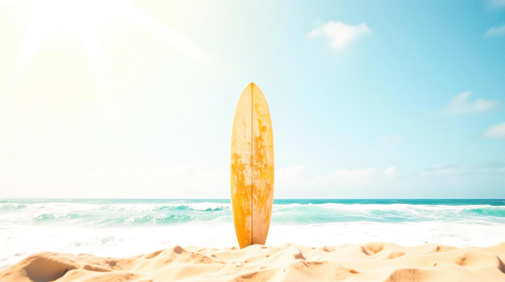 Surfboard Stands on Sandy Beach Under Blue Sky With Ocean Waves in Background photo